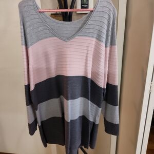 Relaxed V-Neck Striped Tunic Sweatshirt - Pink & Gray
